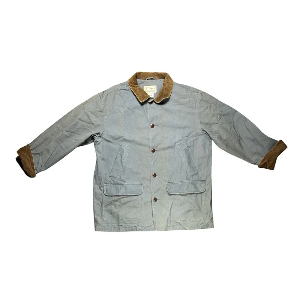 LL Bean Jacket Mens XL Green Canvas Barn Chore Coat Corduroy Cuffs Lined Faded - Picture 2 of 13